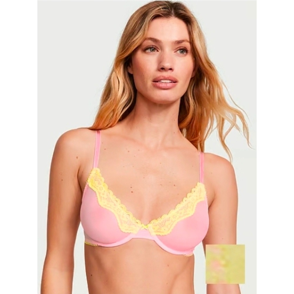 NWT Victoria's Secret Tease Unlined Demi Bra Pink Yellow Lace 34B